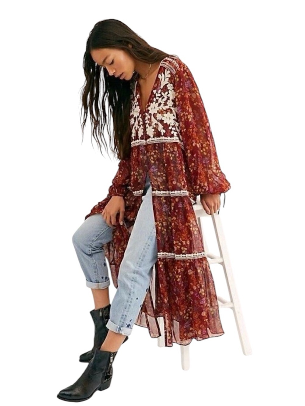 Free People call on me floral embroidered maxi top duster kimono size medium